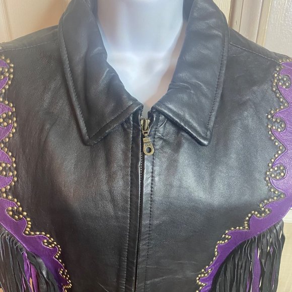 Vance Leathers USA leather black and purple fringe studded vest retro size 2XL - Picture 8 of 11